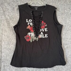 Y2K Rue 21 Lace Up Shirt Tee Tank Womens XL Band Love Biker Graphic Y2K Goth